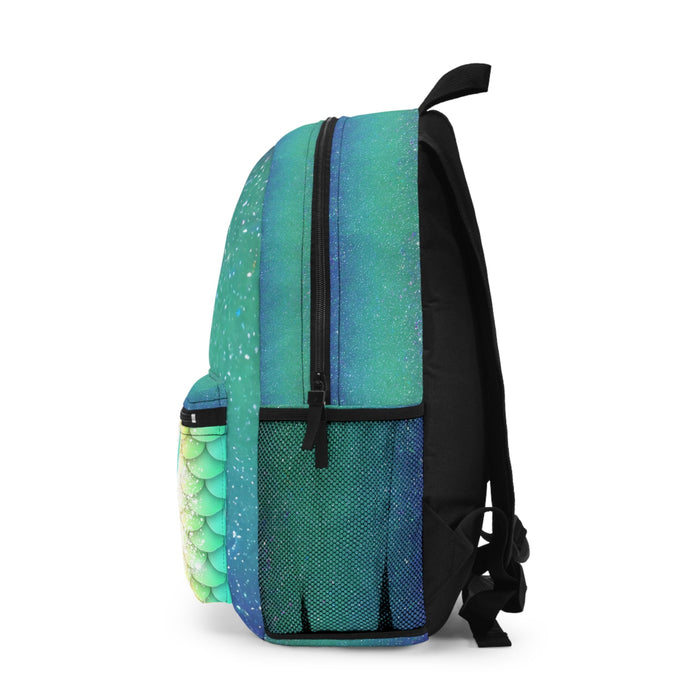 Teal gradient backpack with mermaid scale side panel, front zipper, and black straps