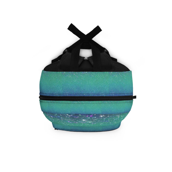 Teal glitter top-view backpack with black drawstring bow and wide zipper closure