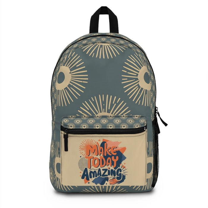 Patterned teal backpack with front zip pocket and 'Make Today Amazing' patch