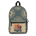 Patterned teal backpack with front zip pocket and 'Make Today Amazing' patch