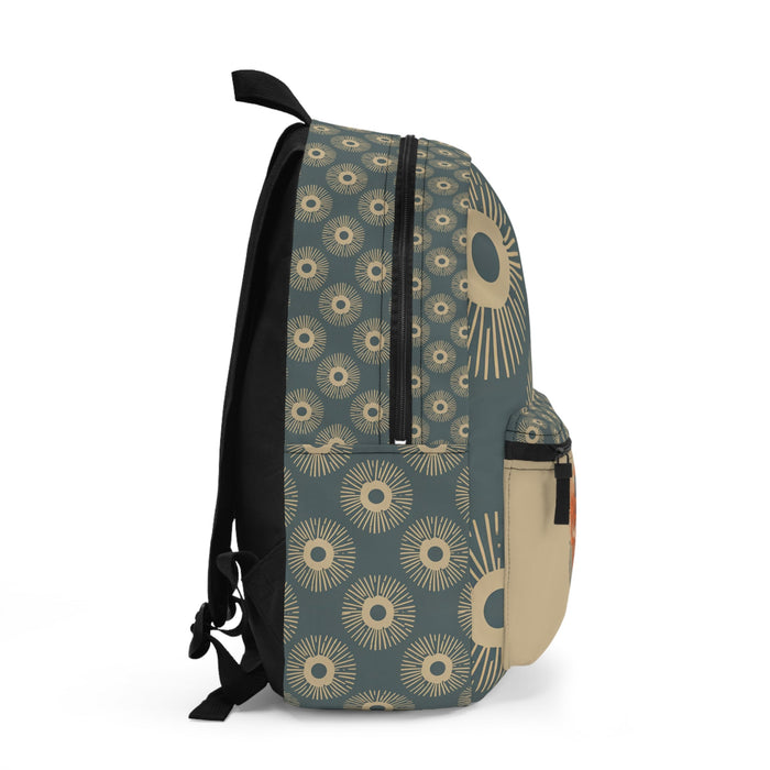 Patterned teal backpack with side panel pocket and black shoulder straps