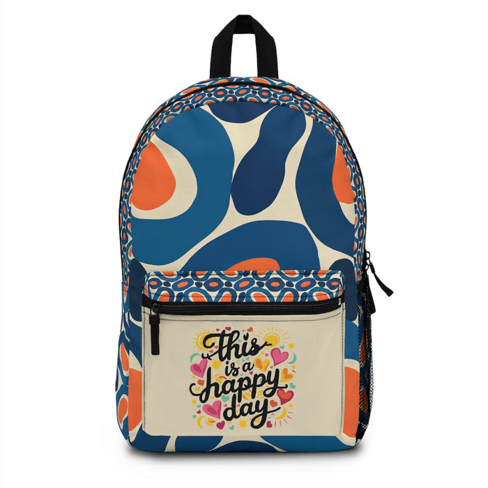 Modge Podge Happy Day backpack with blue-orange patterned front and front pocket