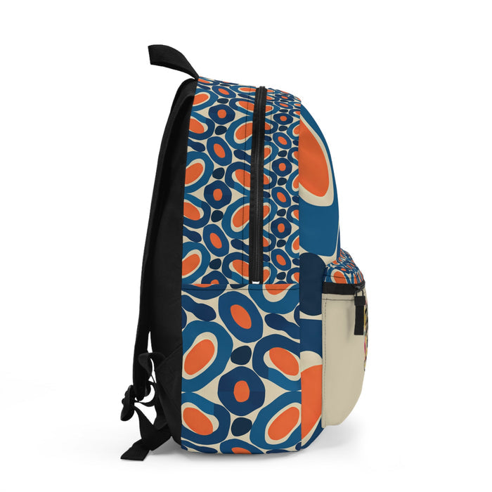 Modge Podge Happy Day backpack, side profile with zip pocket and patterned fabric