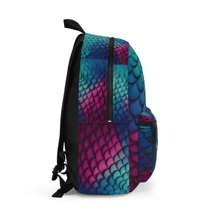 Mermaid-scale backpack side view with dark zipper panel, teal-to-magenta gradient and front pocket.