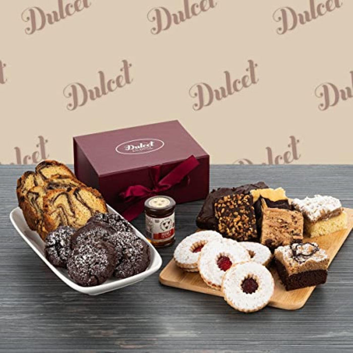 Bakers Gourmet Gift Box with dark bow ribbon and assorted cookies plus a jar