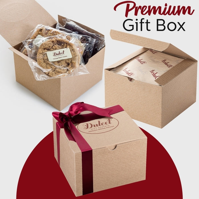 Premium gift box with kraft lid, wrapped cookie pouch and white box tied with pink ribbon
