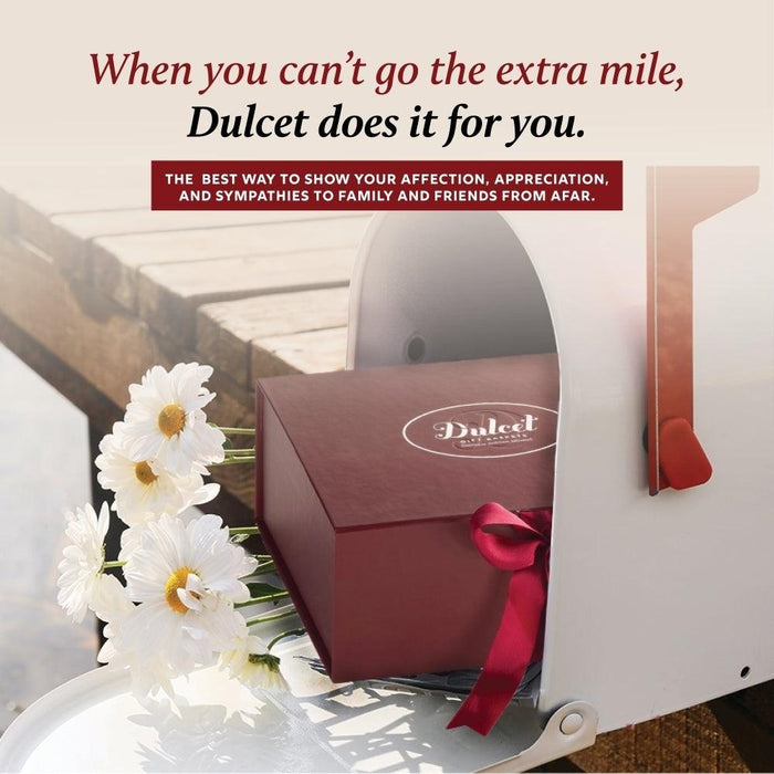 Maroon bakery gift basket box with ribbon and Dulcet logo