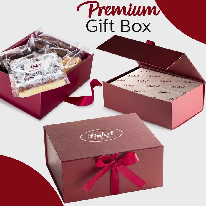 Premium maroon gift box with ribbon and Dulcet logo