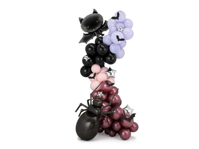 Halloween balloon garland with black bat balloons, purple spheres, and spider accents