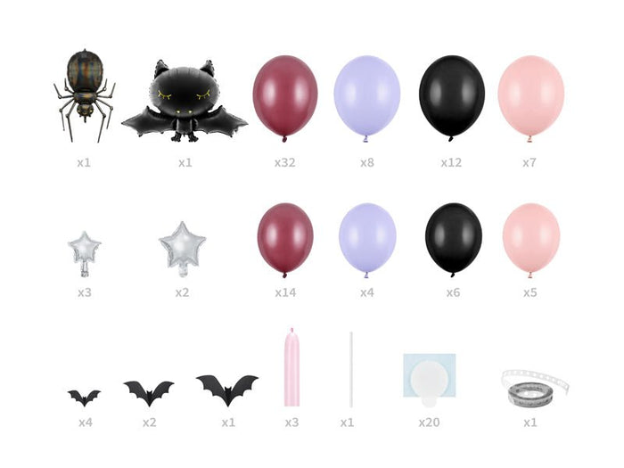 Assorted Halloween balloon set with bat, star, and round balloon colors in rows