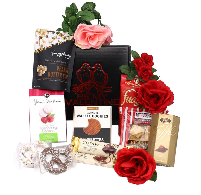 Valentine gift box with black tray, red and pink roses, assorted cookies and candies