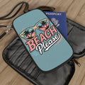 Teal passport wallet with zipper and Beach Please sunglasses graphic, with strap