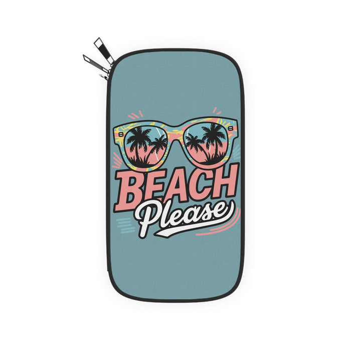 Teal passport wallet with zipper and Beach Please sunglasses graphic