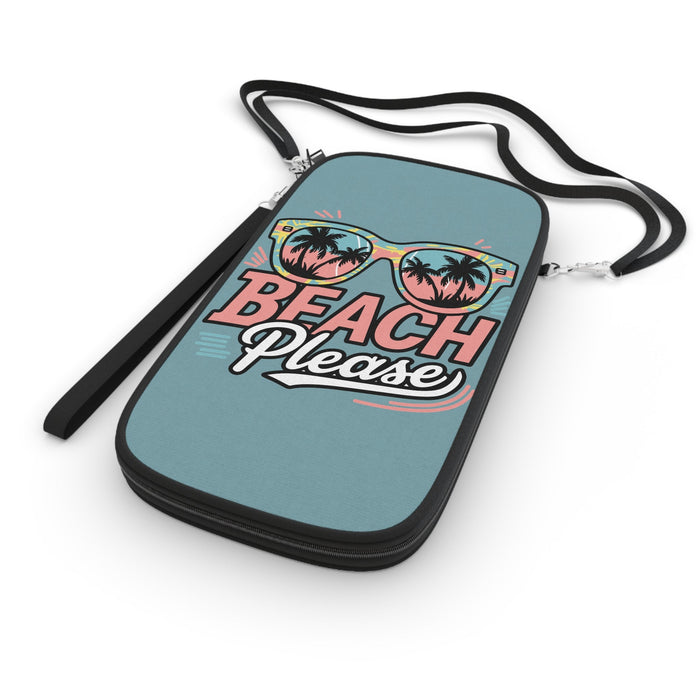 Teal passport wallet with zipper, Beach Please sunglasses print, and crossbody strap