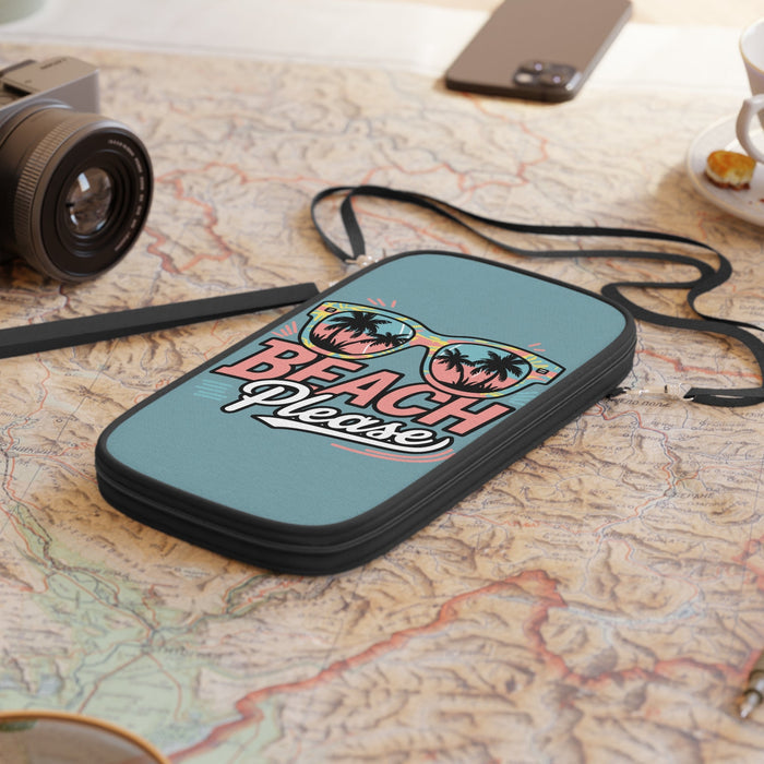 Teal passport wallet with zipper and Beach Please sunglasses graphic, with strap