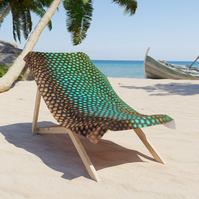 Mermaid scales beach towel, green and brown scale pattern on rectangular towel