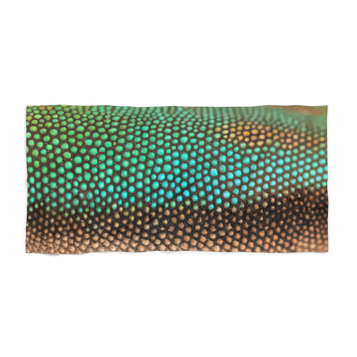 Rectangular beach towel with mermaid scales pattern in green and brown