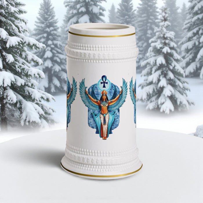 White beer stein mug with blue winged angel graphic and gold rim