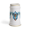 White beer stein mug with central blue winged angel decal and gold rim