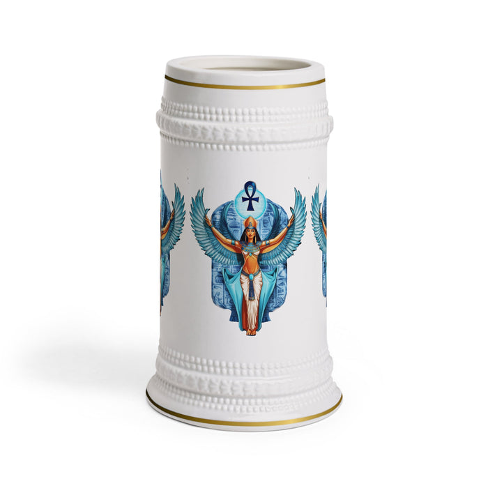 White beer stein mug with central blue winged angel decal and gold rim