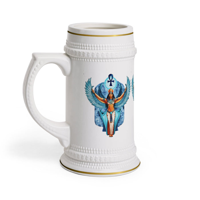 White beer stein mug with side handle and blue winged angel graphic, gold rim