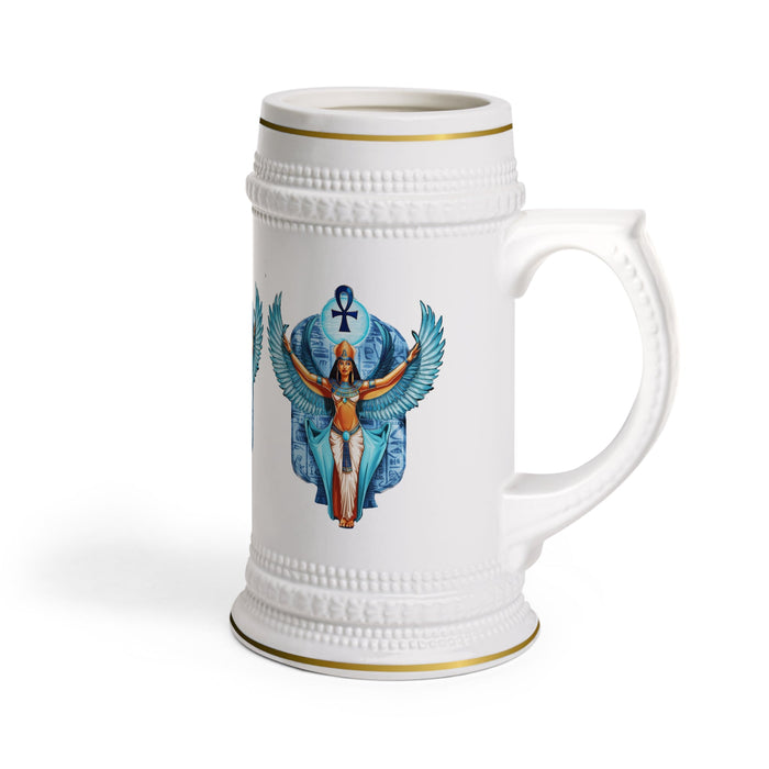 White beer stein mug with handle and blue winged angel image, gold-trim rim
