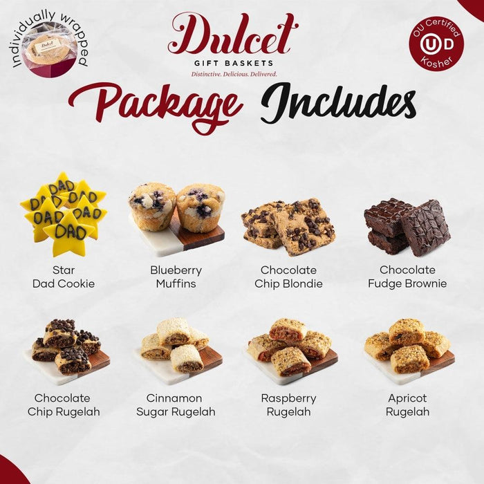 Assorted cookies in a gift package, including star dad cookies, muffins and brownies