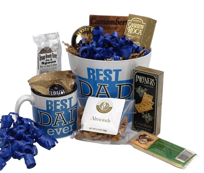 Snack gift basket with blue ribbon bow and snacks in a blue-and-white liner