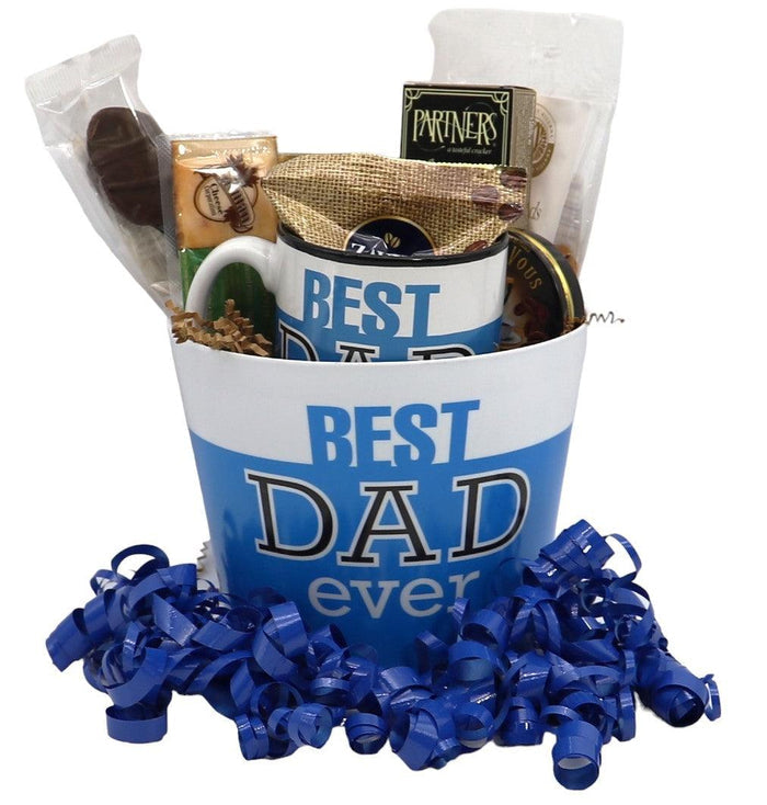 Snack gift basket with blue ribbon and assorted snack packages in blue liner