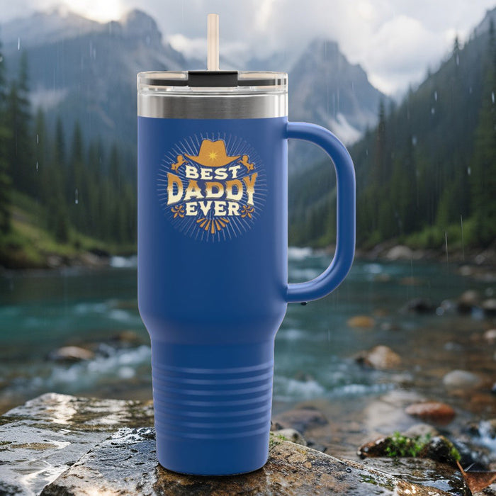 Royal blue insulated travel mug with lid, straw, and 'Best Daddy Ever' logo