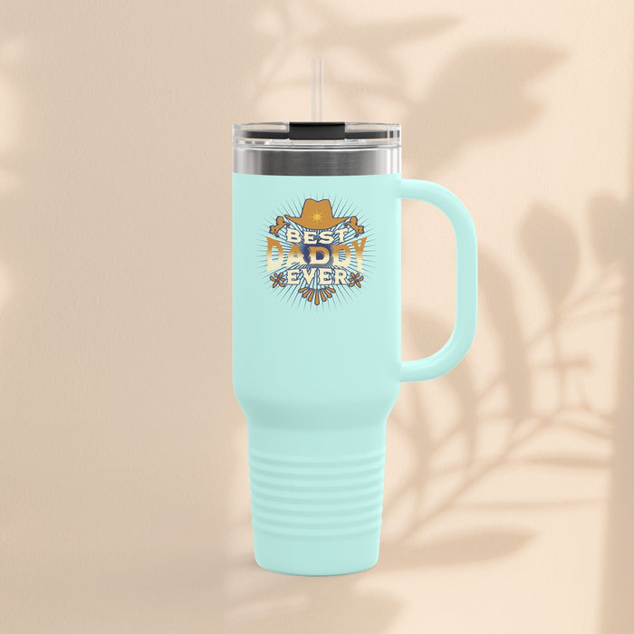 Light teal insulated travel mug with lid, straw, and 'Best Daddy Ever' logo