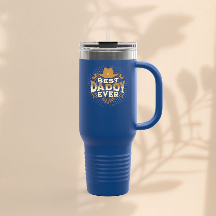 Royal blue insulated travel mug with lid, straw, and 'Best Daddy Ever' logo