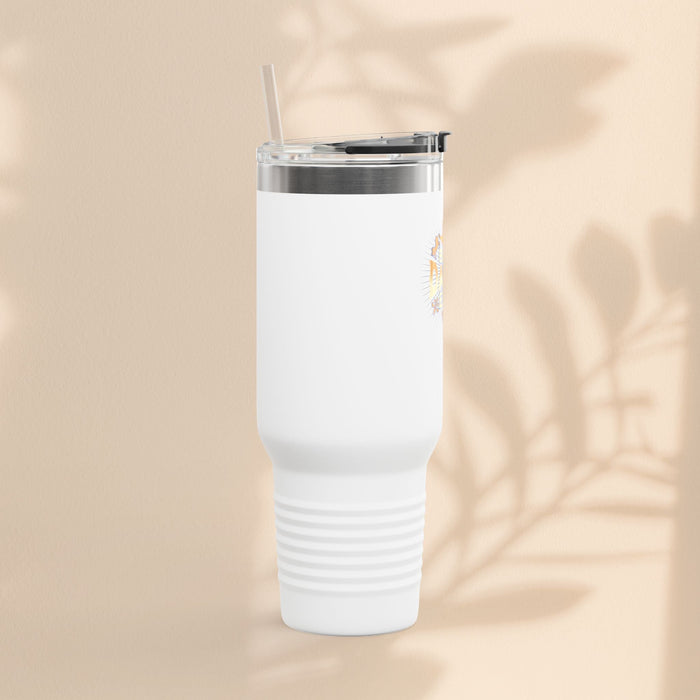White insulated travel mug with clear lid and straw