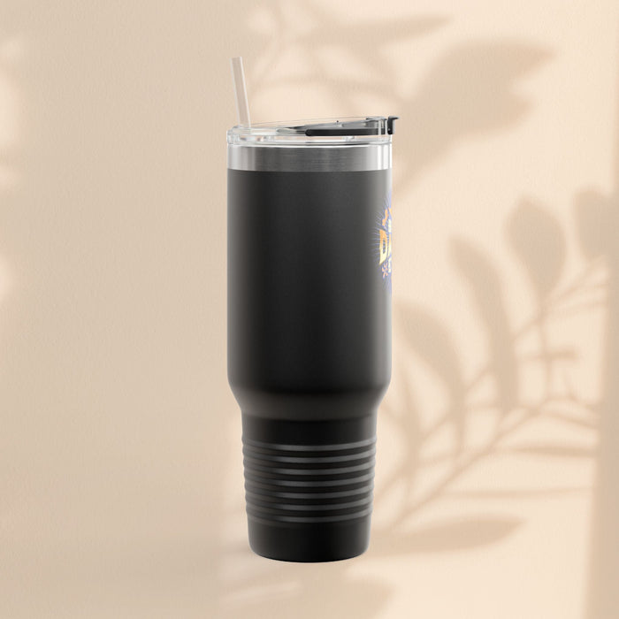 Black insulated travel mug with clear lid and straw
