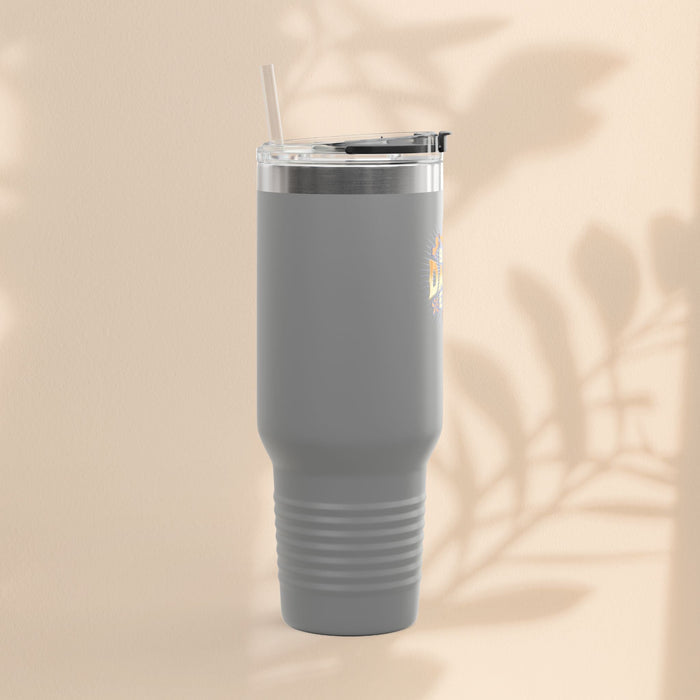 Dark gray insulated travel mug with clear lid and straw