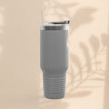 Dark gray insulated travel mug with clear lid and straw