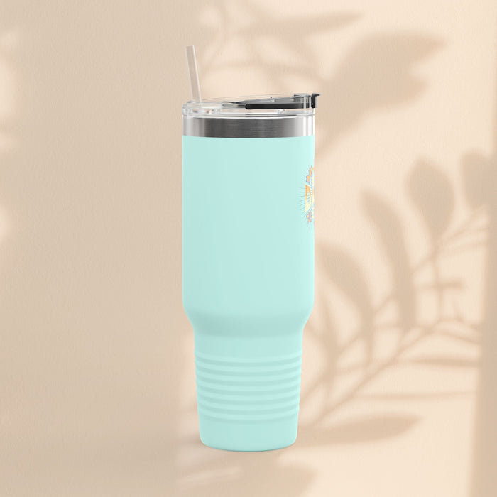 Light aqua insulated travel mug with clear lid and straw