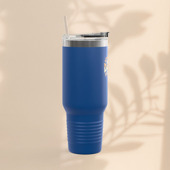 Royal blue insulated travel mug with clear lid and straw