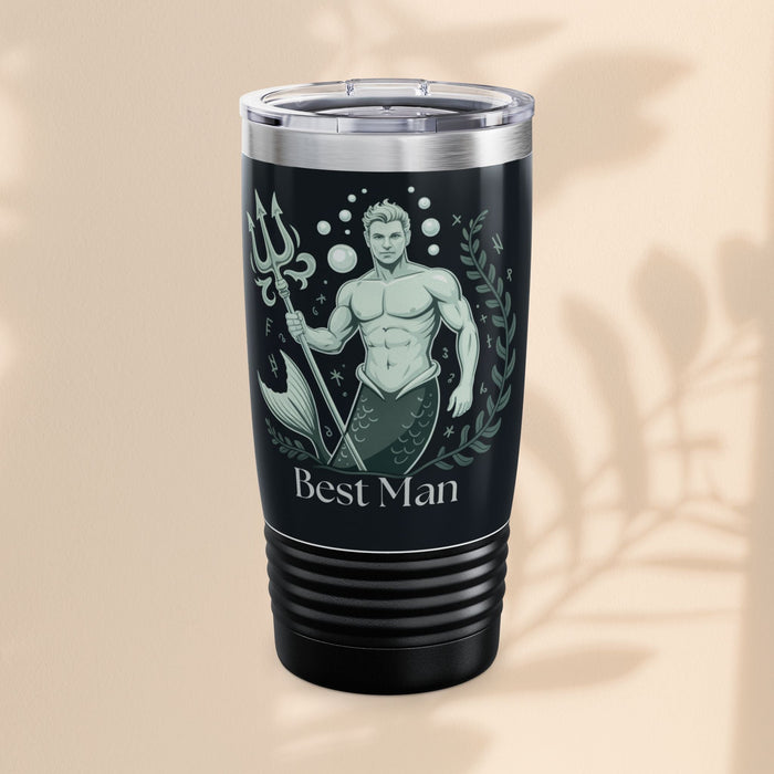 20oz black stainless steel tumbler with lid and "Best Man" mermaid graphic