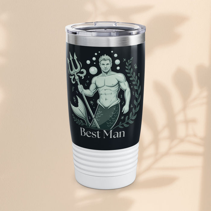 20oz black tumbler with clear lid, mermaid artwork, and "Best Man" text