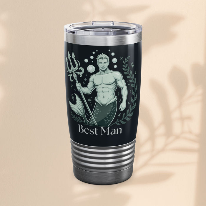 20oz black stainless tumbler with lid and mermaid illustration, "Best Man" on front