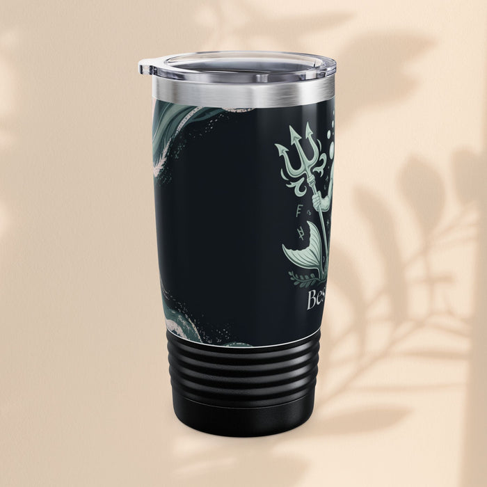 20oz black tumbler with clear lid and partial green mermaid graphic on side
