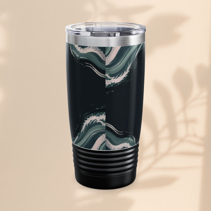 20oz black tumbler with clear lid and green wave artwork design