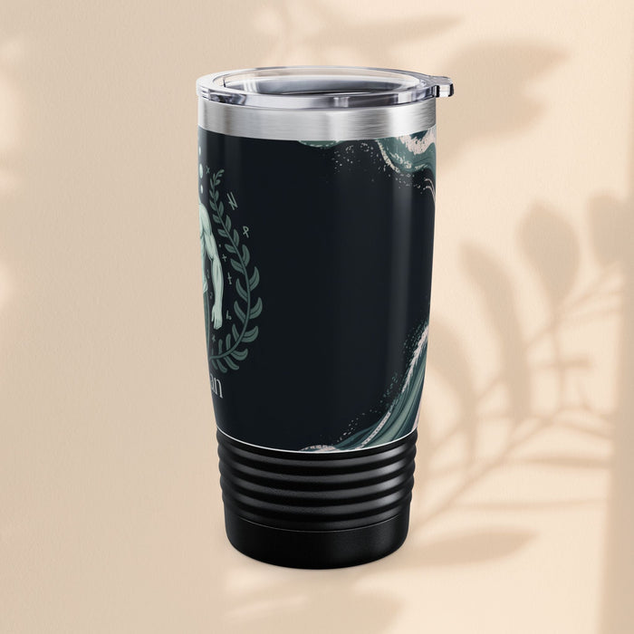 20oz black stainless tumbler with clear lid and green laurel stripe graphic