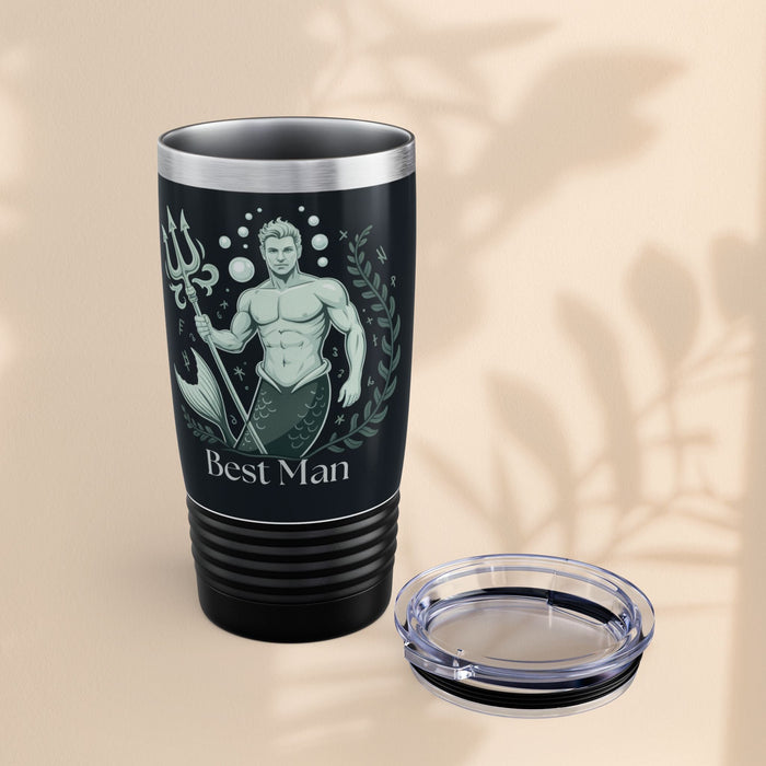 20oz black tumbler with lid, "Best Man" mermaid print, and matching spare lid