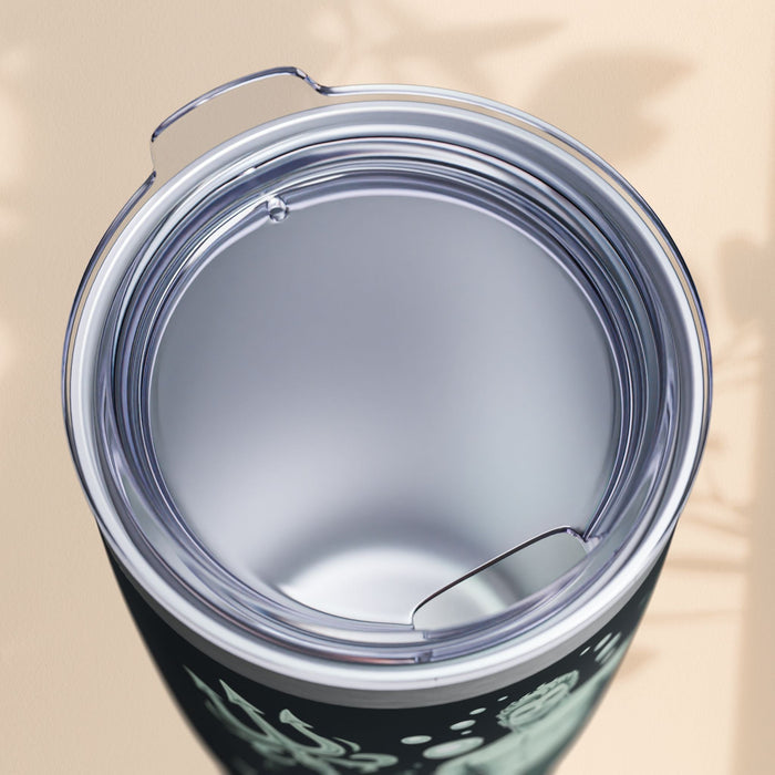 20oz tumbler lid removed, showing clear interior rim and black exterior artwork