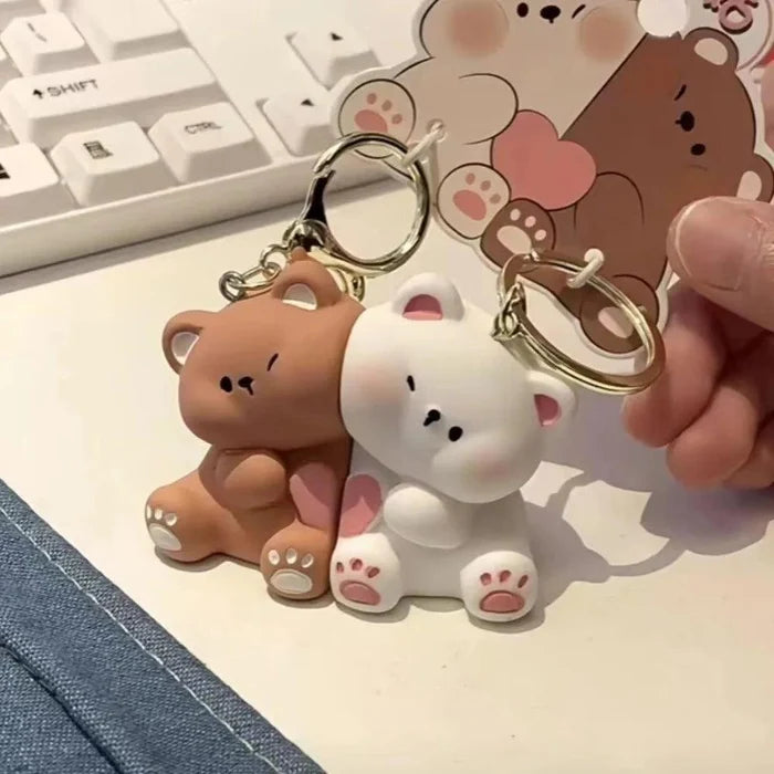 Brown and white bear magnetic keychain pair with gold split rings