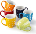 Ceramic coffee mug set, white polka-dot mugs in orange, red, navy, yellow, green, and blue.