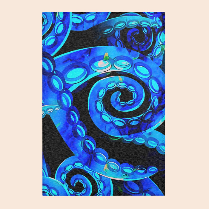 Bioluminescent Octopus Tentacle Area Rug – Electric Blue & Black Deep Sea Art | Non-Slip Backing | 6 Sizes | Fantasy Ocean Home Decor