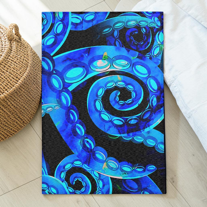 Bioluminescent Octopus Tentacle Area Rug – Electric Blue & Black Deep Sea Art | Non-Slip Backing | 6 Sizes | Fantasy Ocean Home Decor